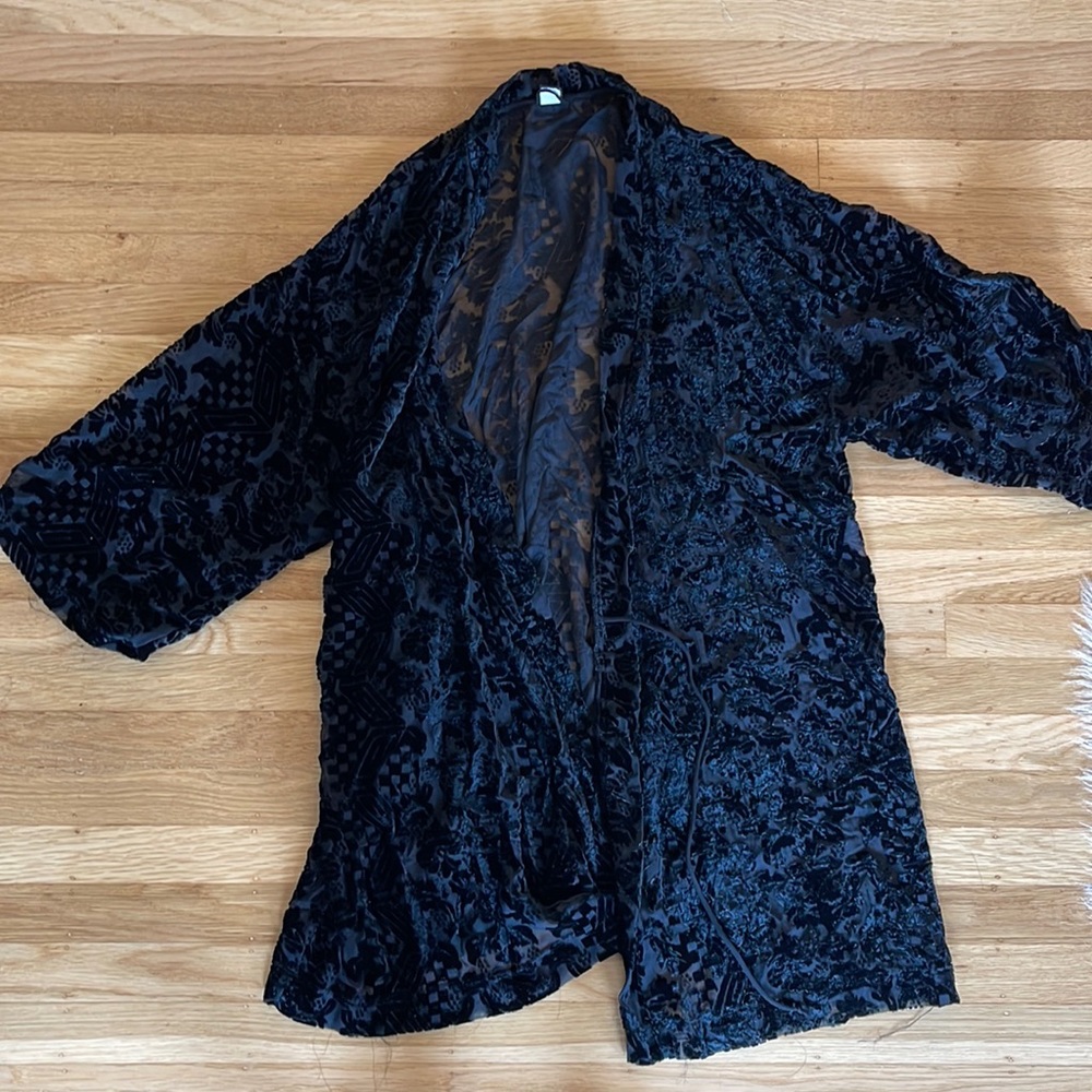 Only Hearts Black Sheer and Velvet Burnout Kimono. Art deco.